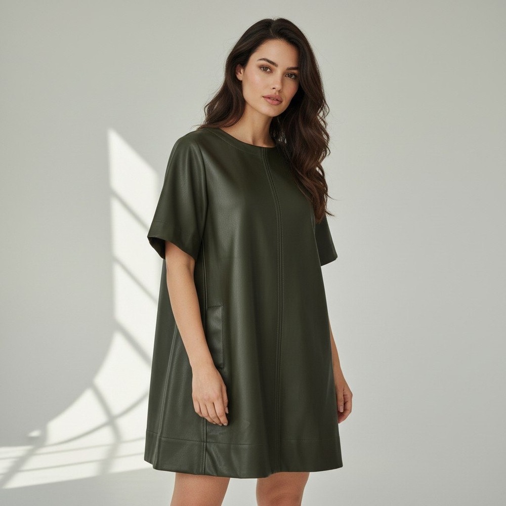 Maeve Anthropologie Olive Green Faux Leather Shift Mini Dress Pockets Size XS